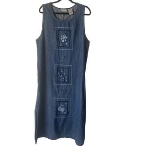 Dress Barn Vintage 90s Women's Size XL Denim Fall Leaves Embroidered Maxi Dress